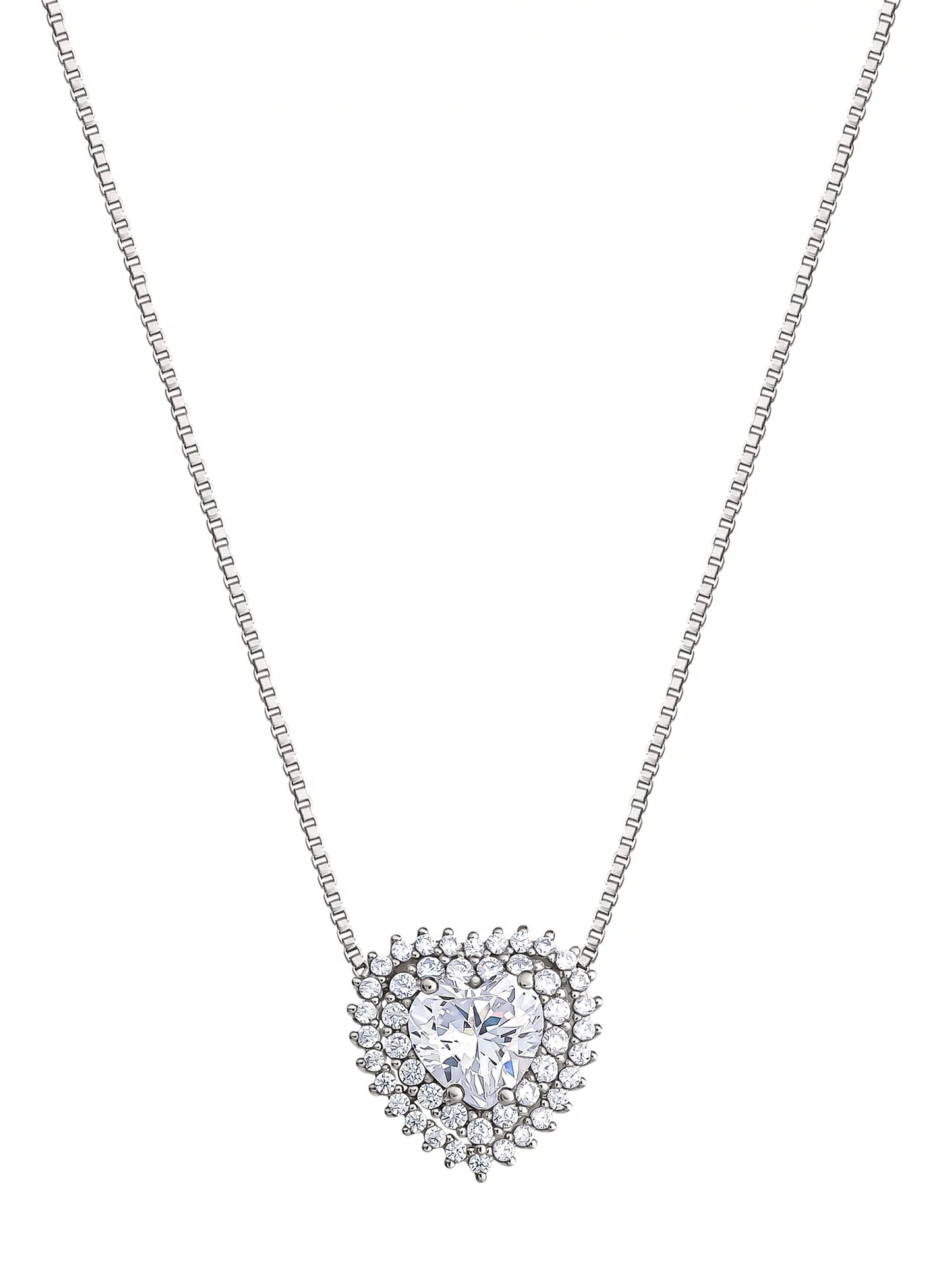 Fine Silver Plated Cubic Zirconia Heart Necklace, 18" +2"