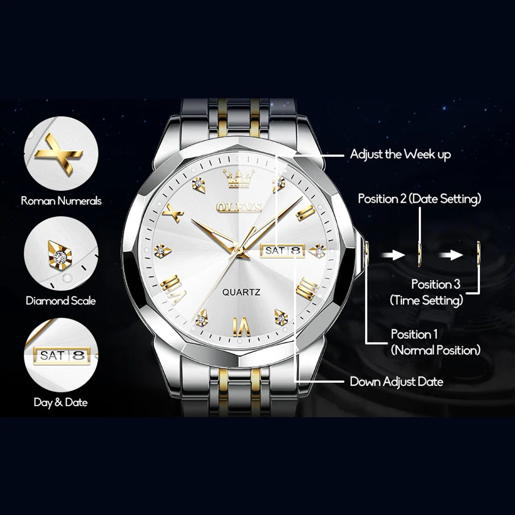 Mens Sliver Watch Grey Dial Watch for Men Luxury Day Date Watches Stainless Steel Band Watch Water Resistant Luminous Wrist Watches Quartz Roman Numerals Men Watch