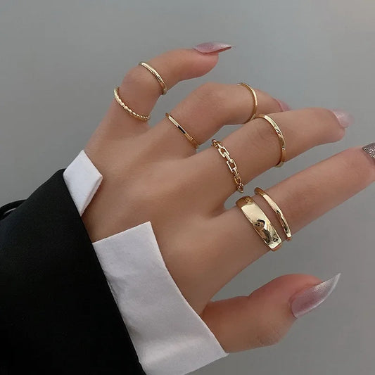 Simple Design Circle Ring Set Vintage Gold Silver Color Black Hiphop Punk Joint Rings for Women Fashion Jewelry Gift