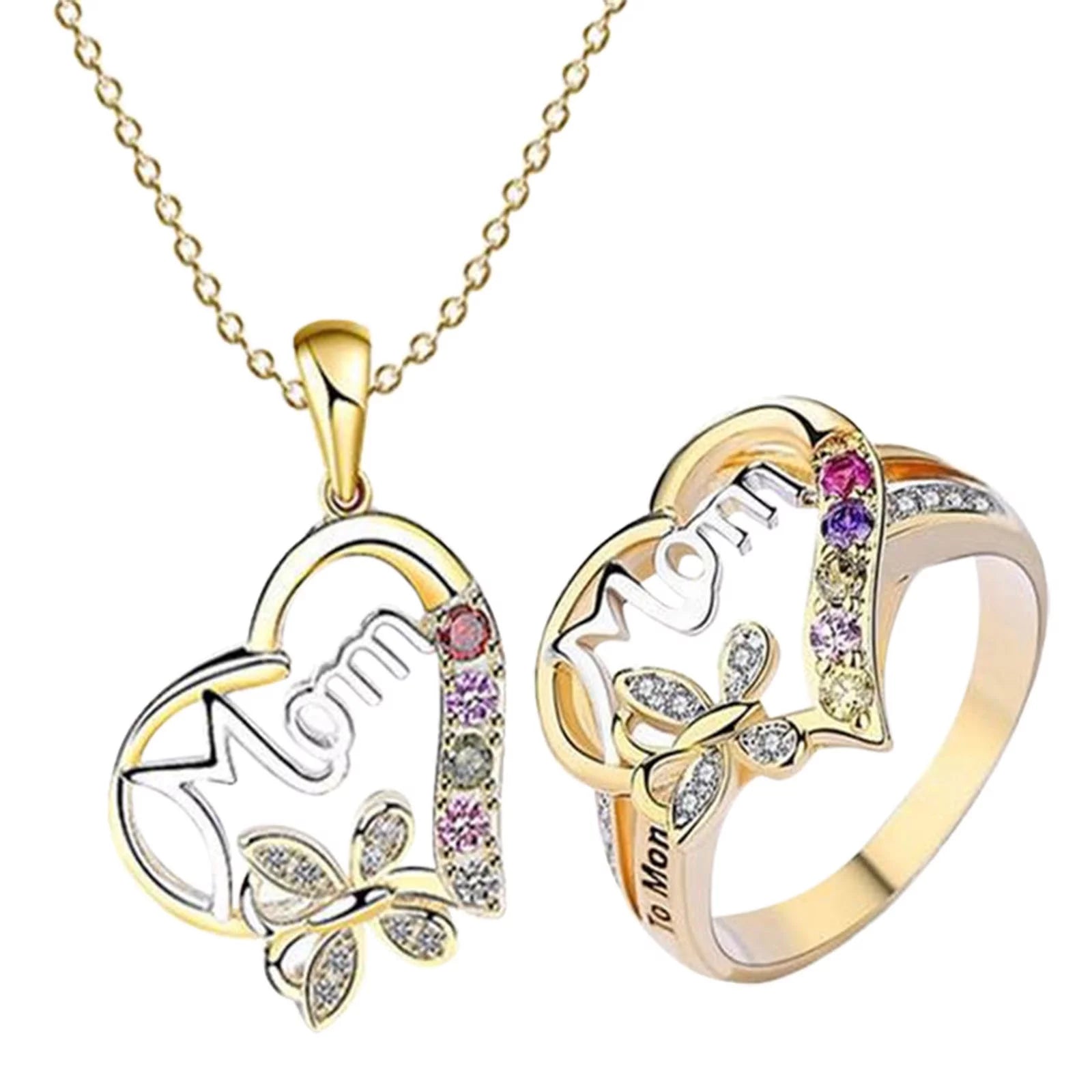 Mother'S Day Gifts Jewelry Sets Love Necklace Gift Two Tone Plated MOM Ring Valentine'S Day Gift