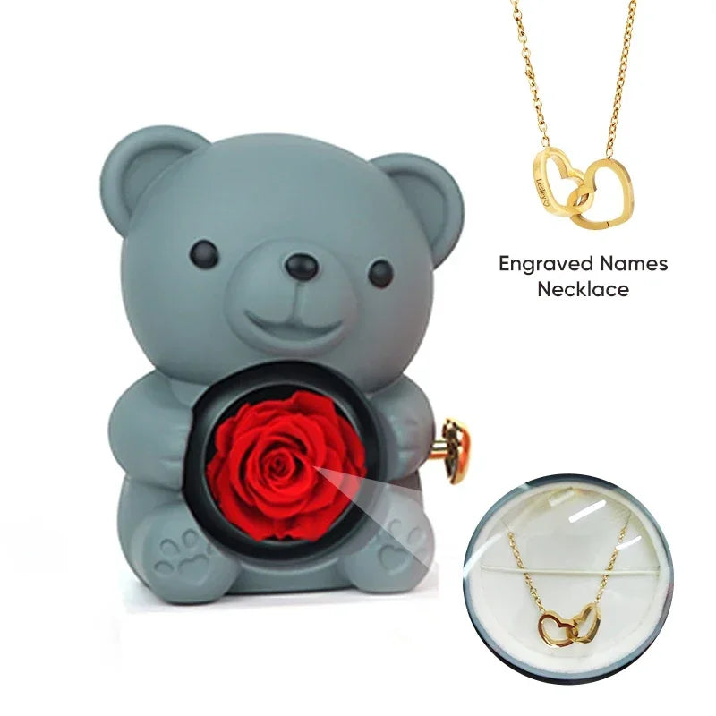 Engraved Heart Necklace with Eternal Rose Teddy Bear Rose Shaped Necklace Jewellery Gift Box Romantic Acrylic Flower Ring Locket