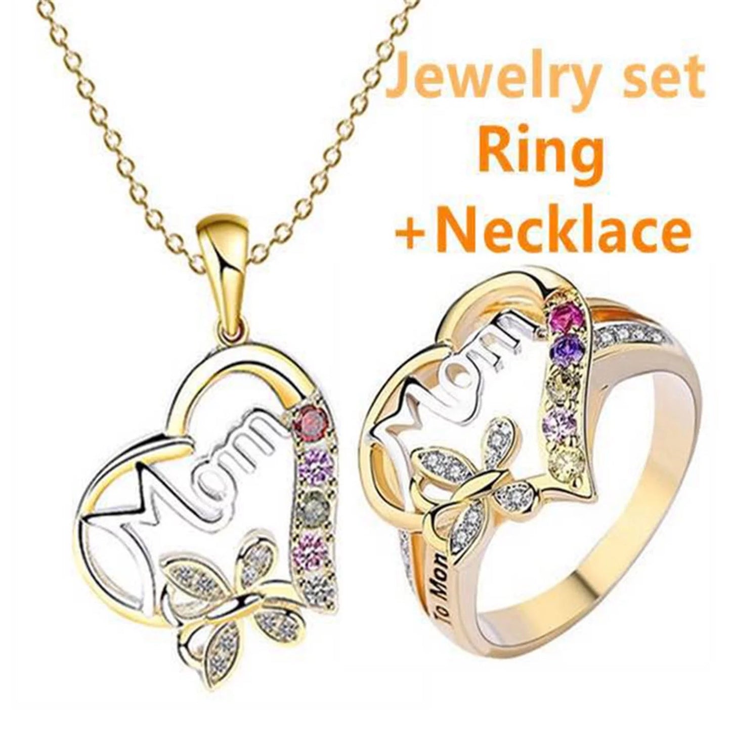 Mother'S Day Gifts Jewelry Sets Love Necklace Gift Two Tone Plated MOM Ring Valentine'S Day Gift